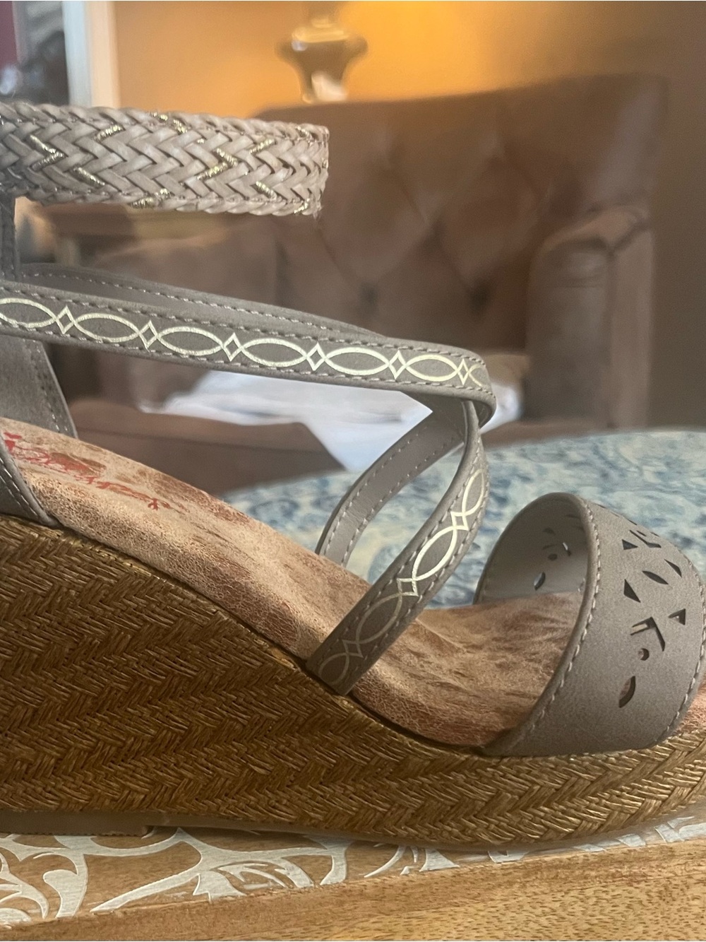 Jellypop Taupe Braided Memory Foam Ankle Strap Wedge Sandals Sz 6.5 - Picture 3 of 8